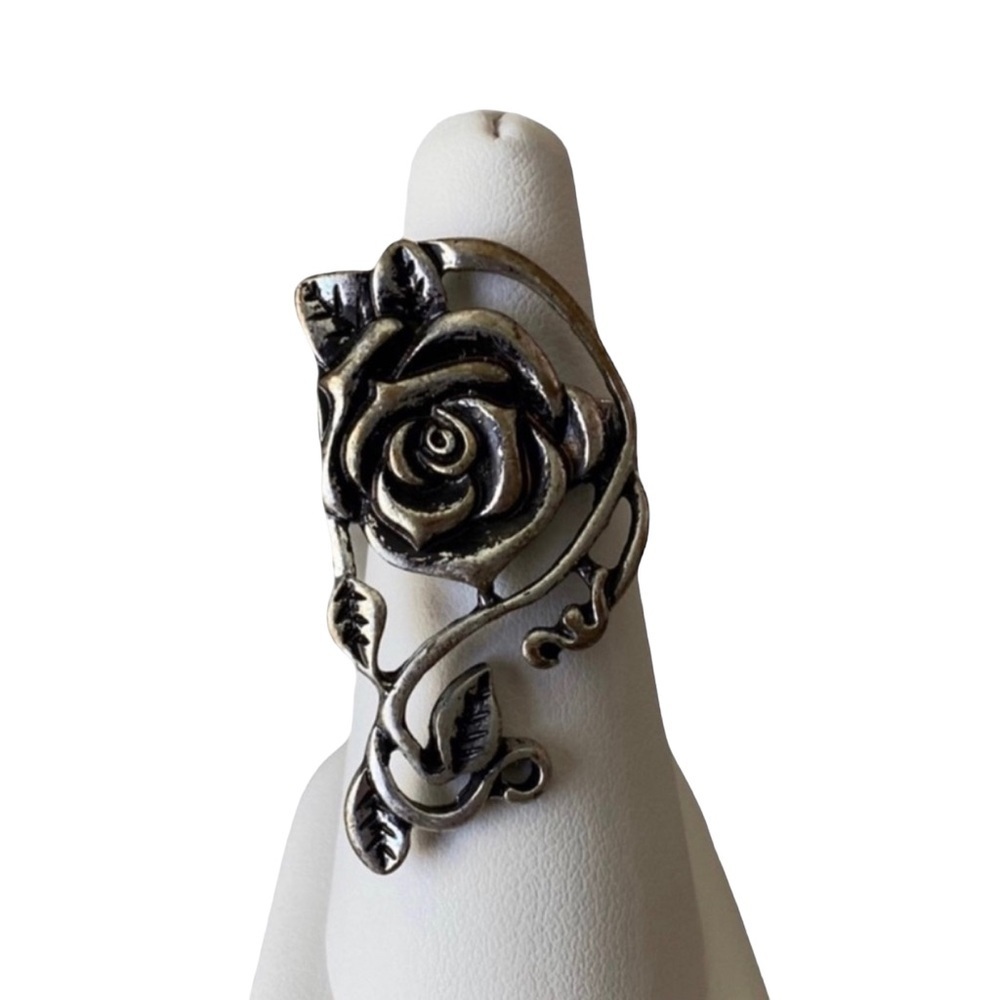 Rose Flower Ring Dark Silvertone Adjustable Band